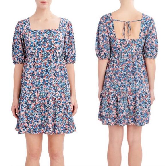 BCBG Paris Tie-Back Chiffon Floral Print Mini Tiered Dress Blue Pink, Size Small - Picture 1 of 11